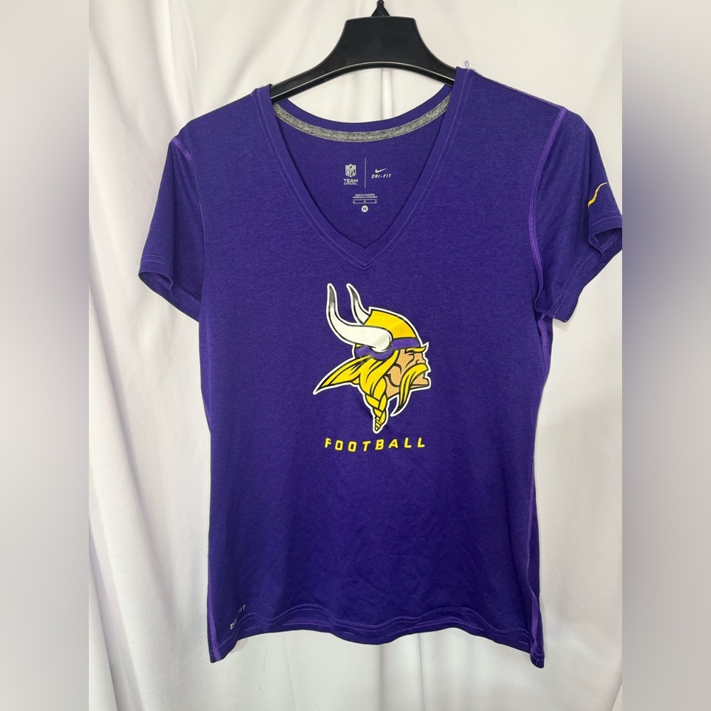 NFL Women’s Purple Vikings V-Neck Tee with Yellow Logo